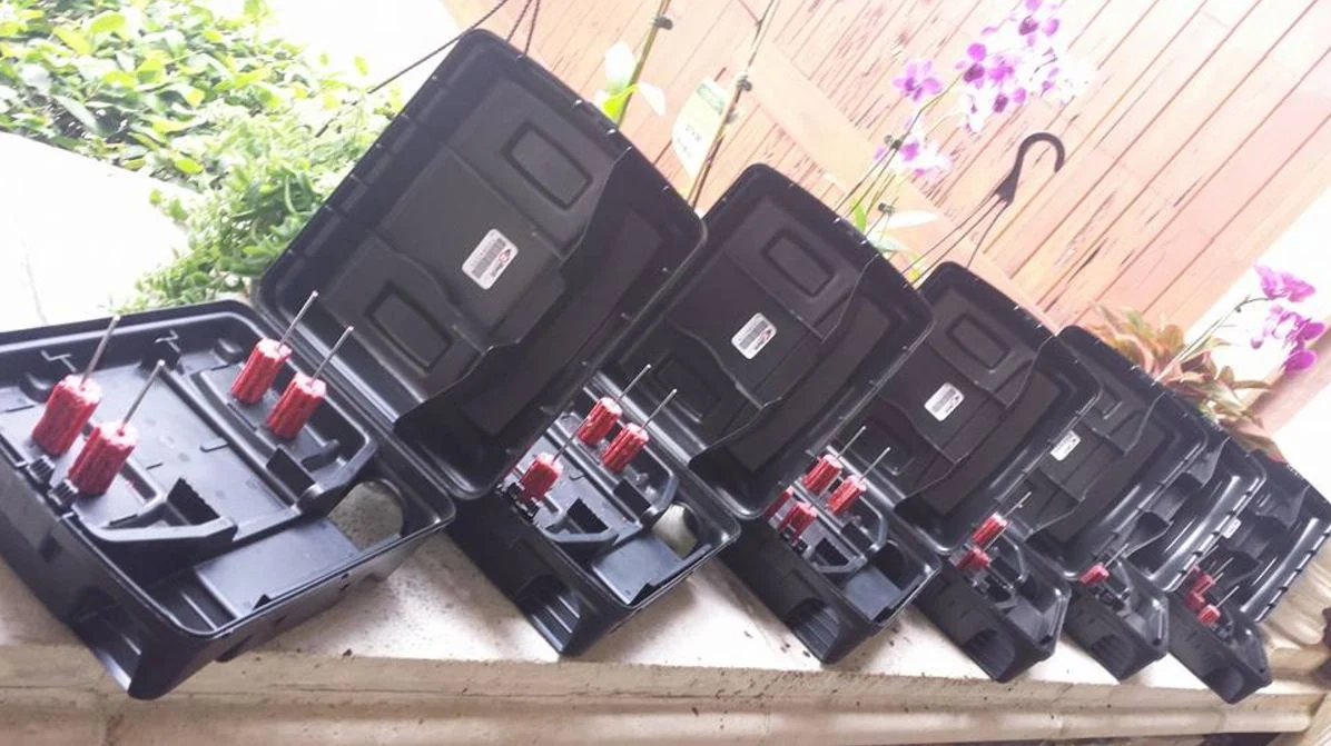 Commercial rodent bait stations ready for deployment