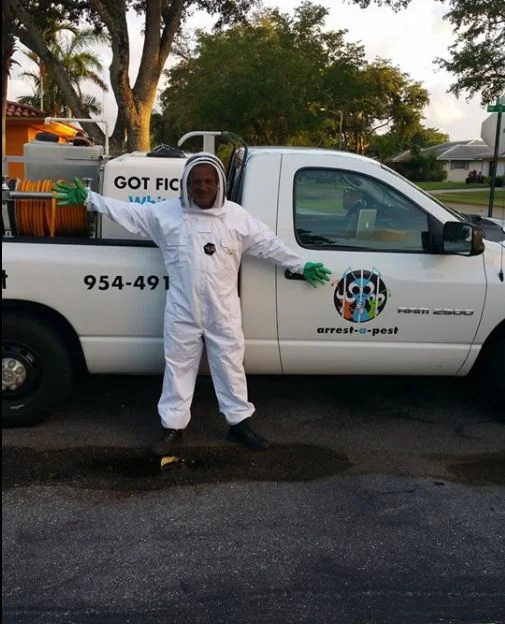 Arrest-A-Pest technician in full bee suit ready for hive removal